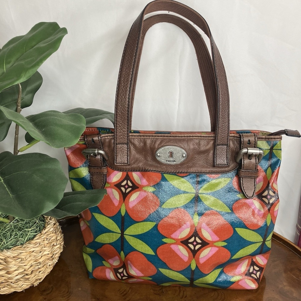 Fossil Key-Per Tote Purse Retro Floral & Leaf Coated Canvas Blue Green Red